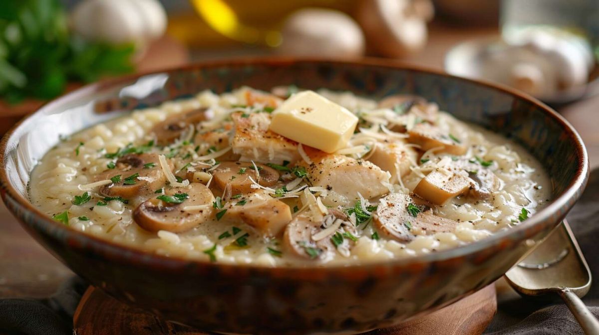 Risotto crémeux au poulet et champignons : le plat réconfortant par excellence