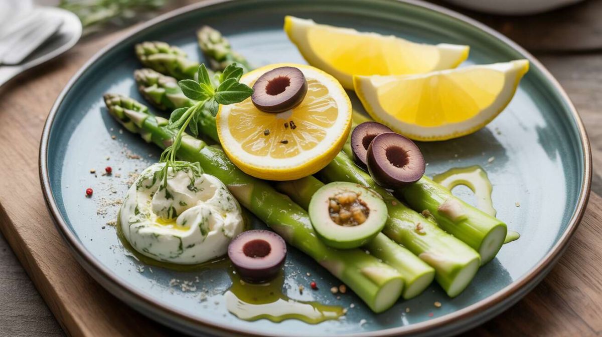 Asperges vertes aux olives, citron et fromage frais aux herbes