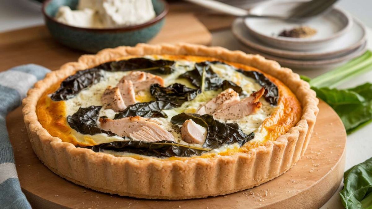 Une quiche savoureuse au poulet, chèvre frais et blettes