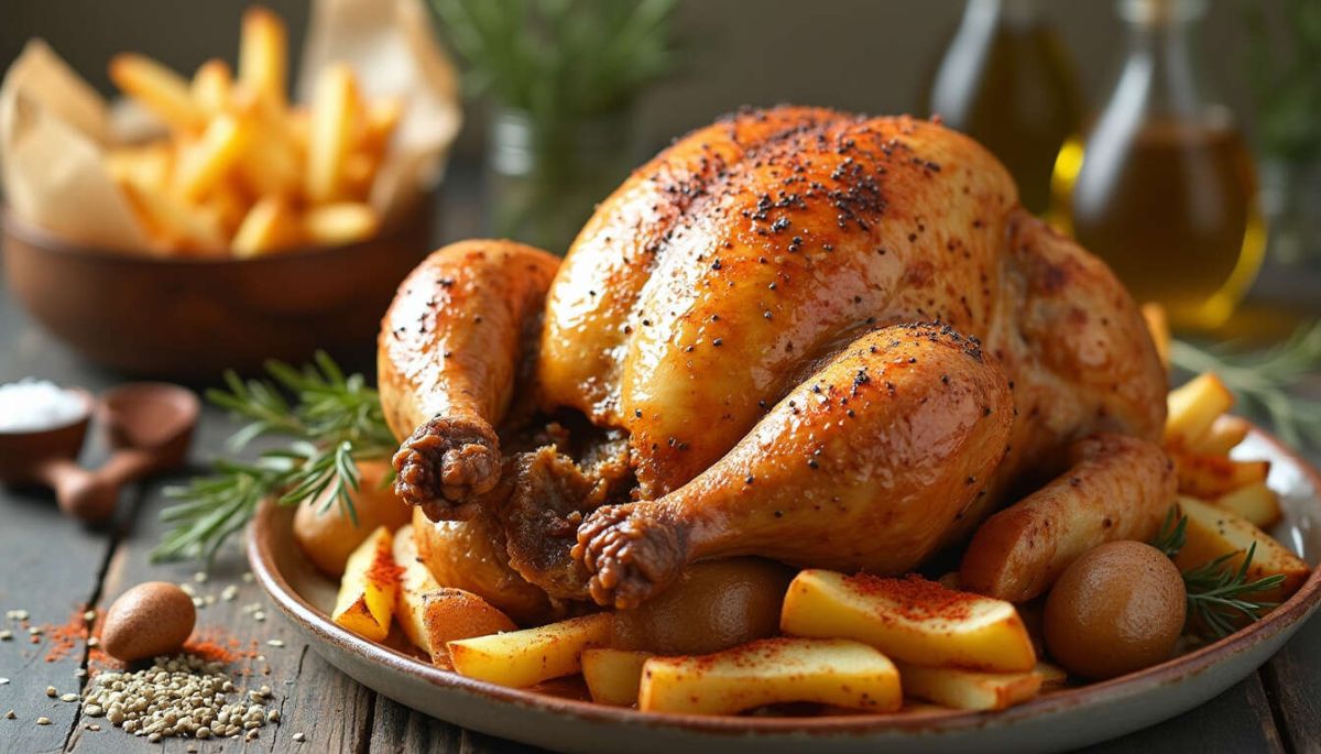 Un poulet rôti savoureux avec des frites maison, la recette incontournable