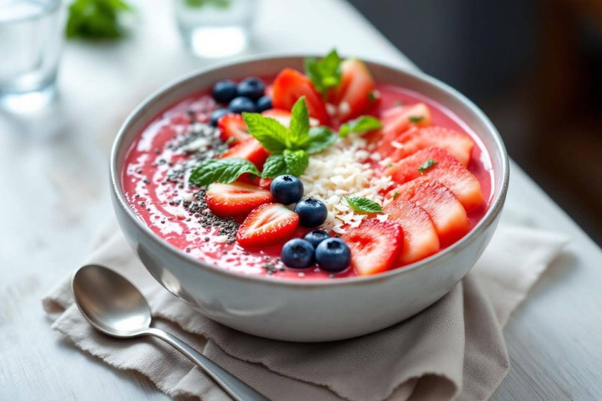 Débutez la journée avec un smoothie bowl pastèque-menthe frais et coloré