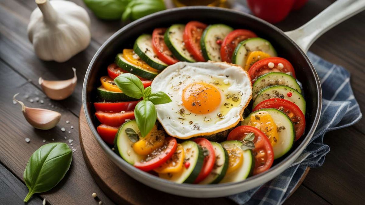 Une poêlée d'été colorée : légumes, fromage de brebis et œuf parfait